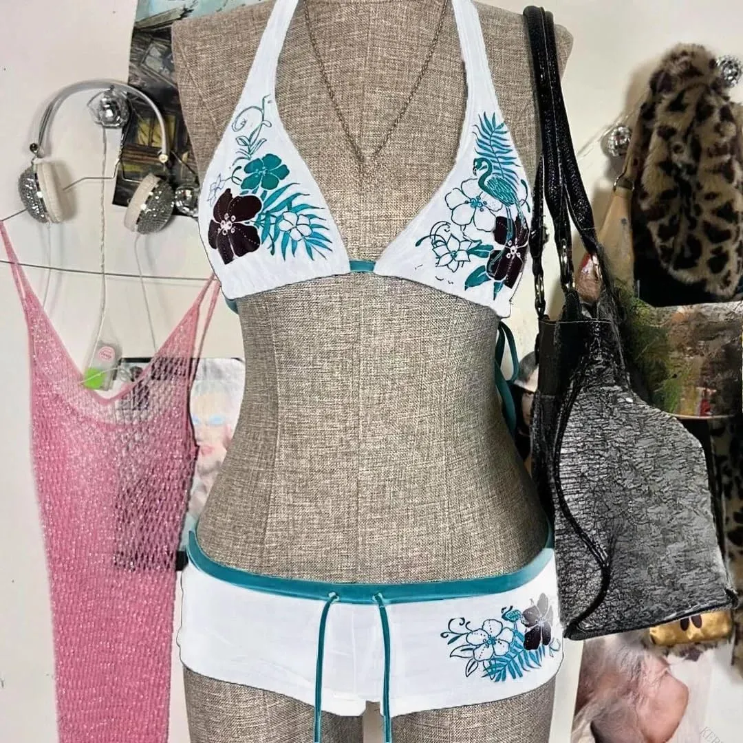 2 Piece Y2k Halter Bikini Shorts Sets Women 2000s Vintage Summer Set Sexy Beach Swimsuit Going Out Outfits
