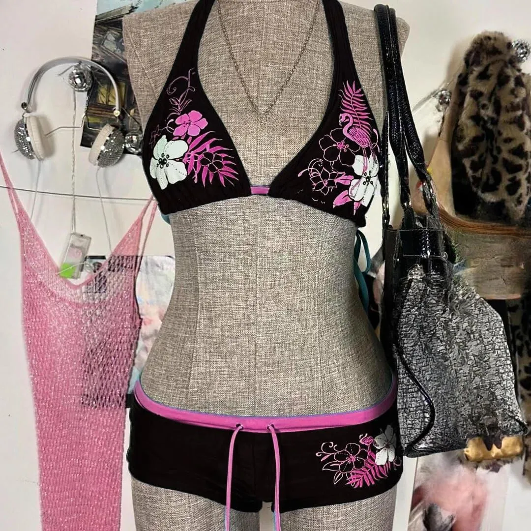 2 Piece Y2k Halter Bikini Shorts Sets Women 2000s Vintage Summer Set Sexy Beach Swimsuit Going Out Outfits