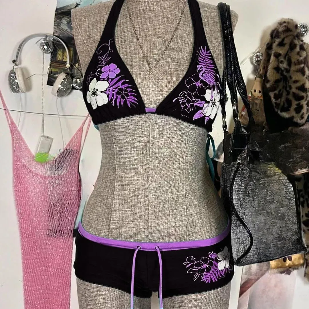 2 Piece Y2k Halter Bikini Shorts Sets Women 2000s Vintage Summer Set Sexy Beach Swimsuit Going Out Outfits