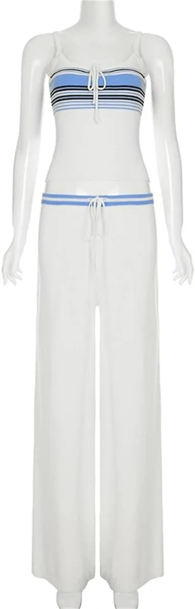 2025 Summer Women Two Piece Outfits Sets Women Vest Pants Set Sleeveless Top Loose Drawstring Waist Pants