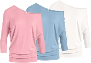 3 Pack Dolman Tops for Women Off The Shoulder Tops Banded Waistband Shirts 3/4 Sleeves Regular and Plus Size Tops Value Pack