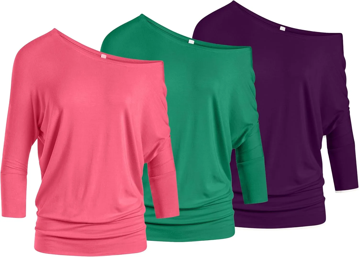 3 Pack Dolman Tops for Women Off The Shoulder Tops Banded Waistband Shirts 3/4 Sleeves Regular and Plus Size Tops Value Pack