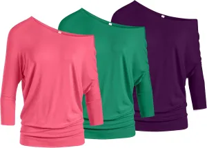 3 Pack Dolman Tops for Women Off The Shoulder Tops Banded Waistband Shirts 3/4 Sleeves Regular and Plus Size Tops Value Pack