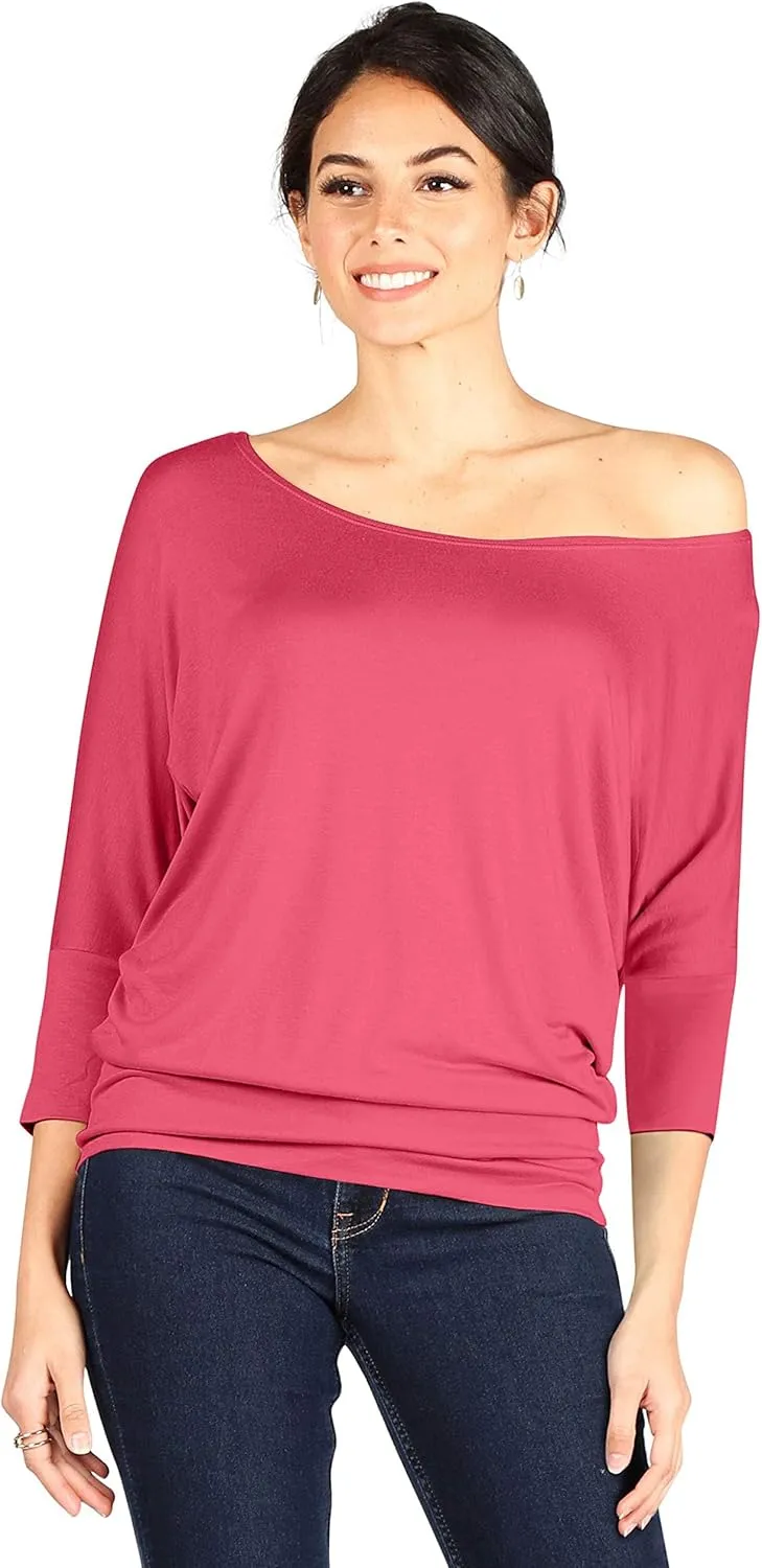 3 Pack Dolman Tops for Women Off The Shoulder Tops Banded Waistband Shirts 3/4 Sleeves Regular and Plus Size Tops Value Pack
