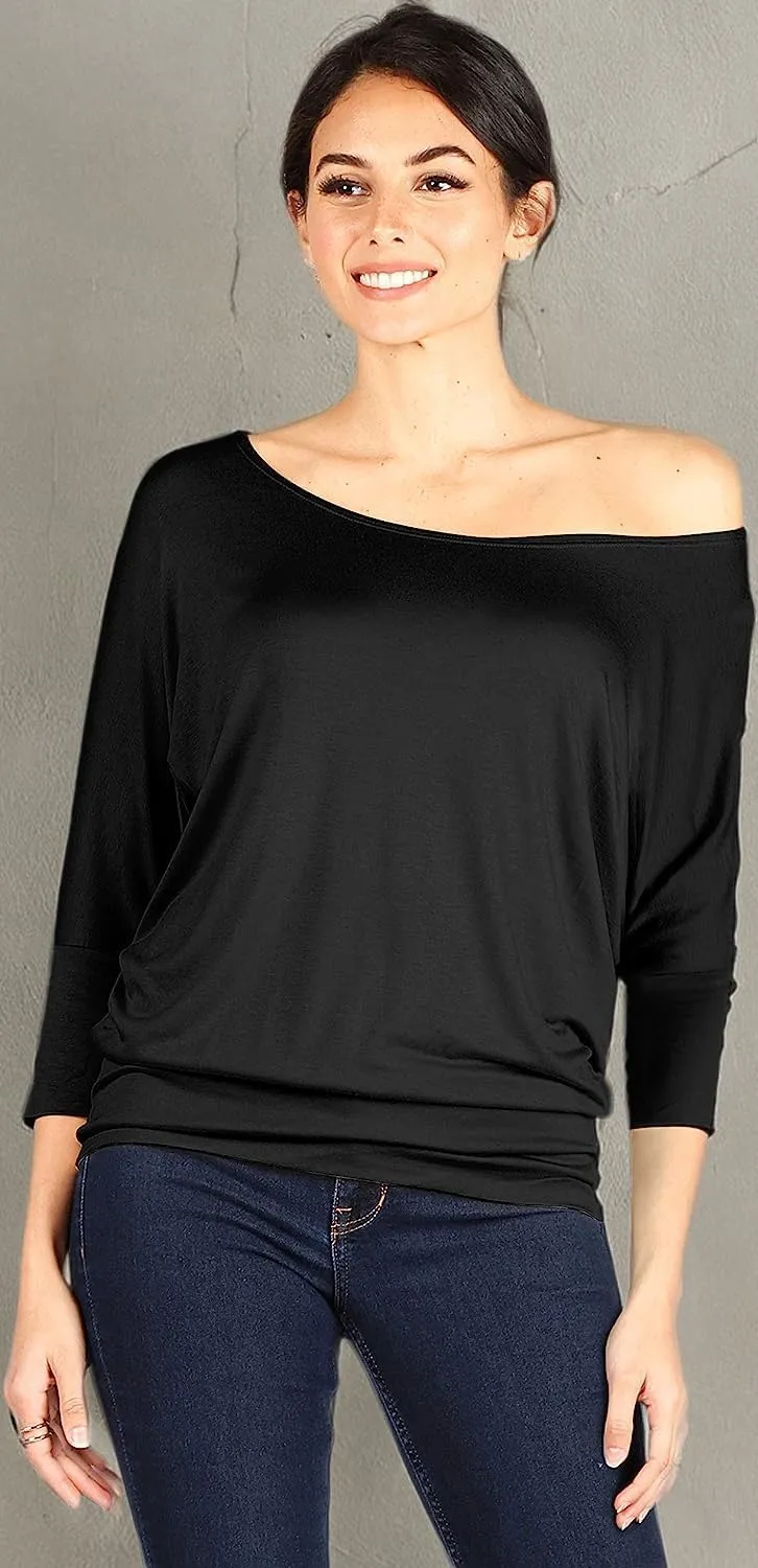 3 Pack Dolman Tops for Women Off The Shoulder Tops Banded Waistband Shirts 3/4 Sleeves Regular and Plus Size Tops Value Pack