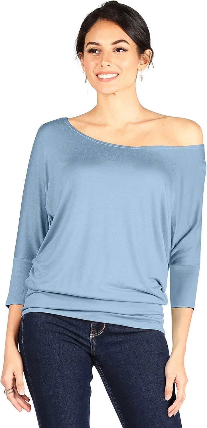 3 Pack Dolman Tops for Women Off The Shoulder Tops Banded Waistband Shirts 3/4 Sleeves Regular and Plus Size Tops Value Pack
