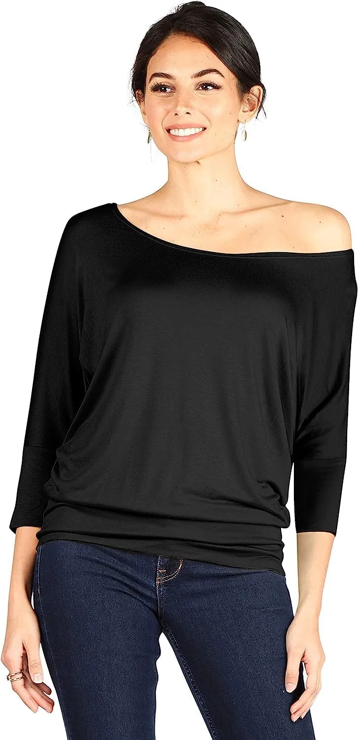 3 Pack Dolman Tops for Women Off The Shoulder Tops Banded Waistband Shirts 3/4 Sleeves Regular and Plus Size Tops Value Pack