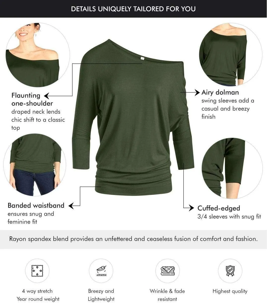 3 Pack Dolman Tops for Women Off The Shoulder Tops Banded Waistband Shirts 3/4 Sleeves Regular and Plus Size Tops Value Pack