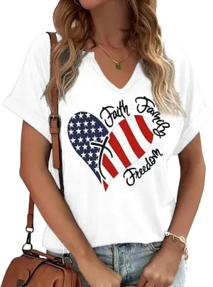 4th of July V Neck Patriotic T-Shirts Women American Flag Print Faith Family Freedom Letter Casual Short Sleeve Tee Tops
