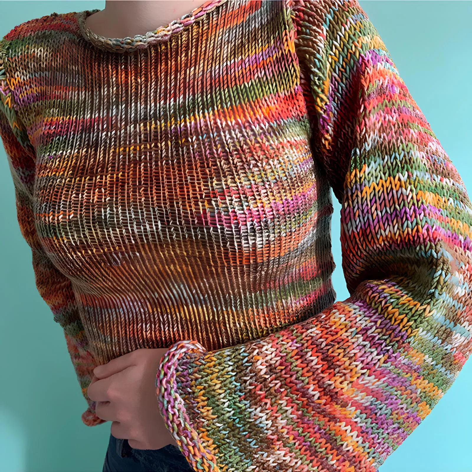 90s Streetwear Color Block Crochet Knit Crop Top  Bold & Trendy