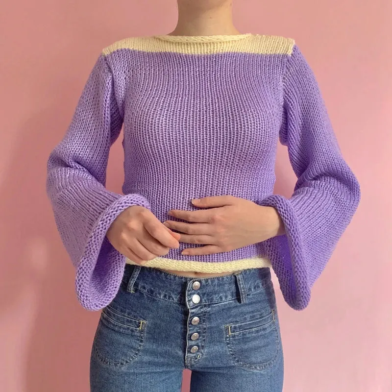 90s Streetwear Color Block Crochet Knit Crop Top  Bold & Trendy