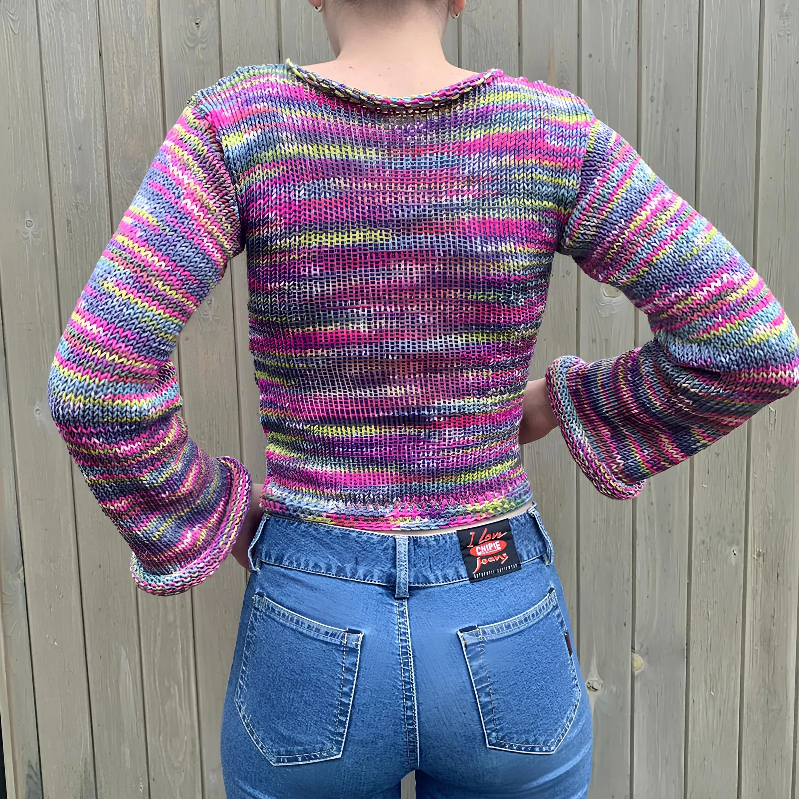 90s Streetwear Color Block Crochet Knit Crop Top  Bold & Trendy
