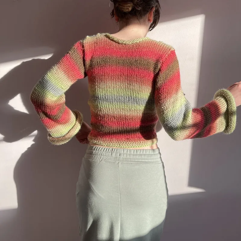 90s Streetwear Color Block Crochet Knit Crop Top  Bold & Trendy