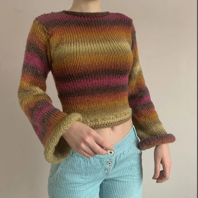 90s Streetwear Color Block Crochet Knit Crop Top  Bold & Trendy