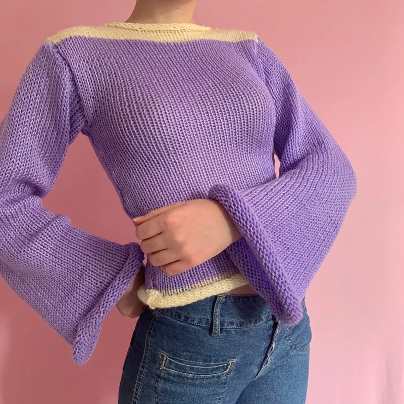 90s Streetwear Color Block Crochet Knit Crop Top  Bold & Trendy