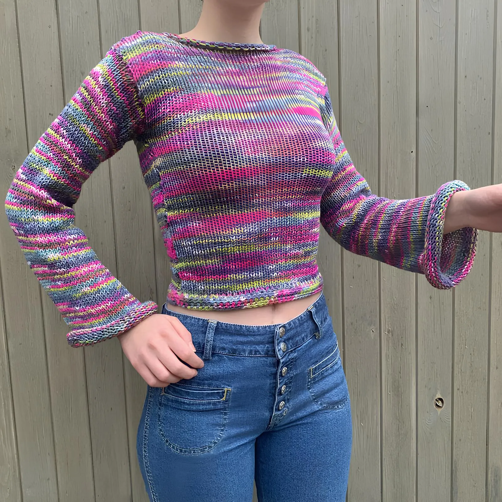 90s Streetwear Color Block Crochet Knit Crop Top  Bold & Trendy