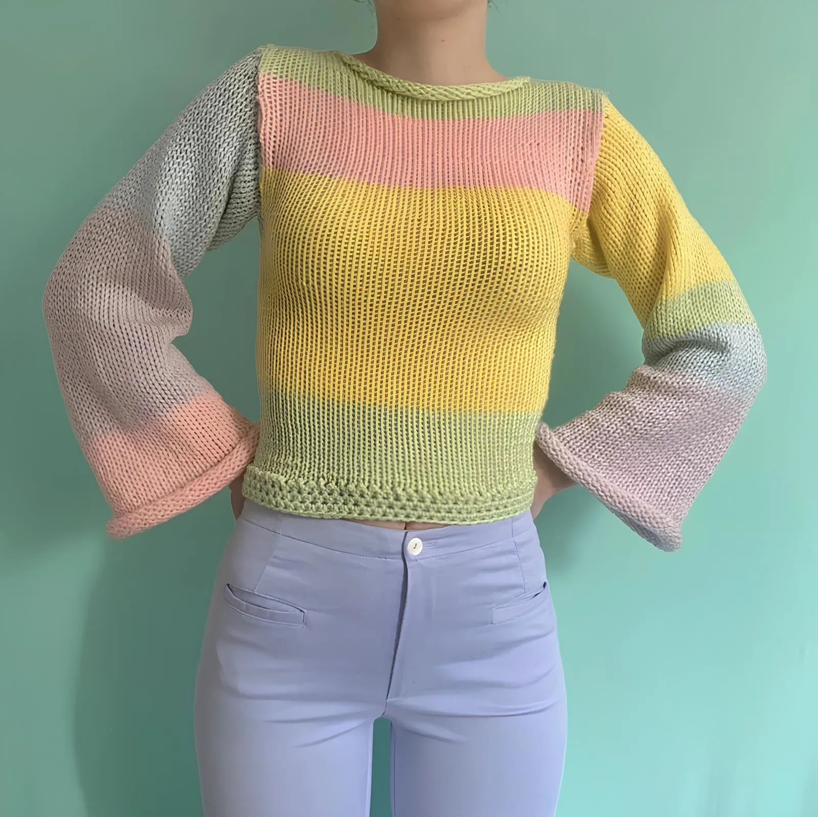 90s Streetwear Color Block Crochet Knit Crop Top  Bold & Trendy