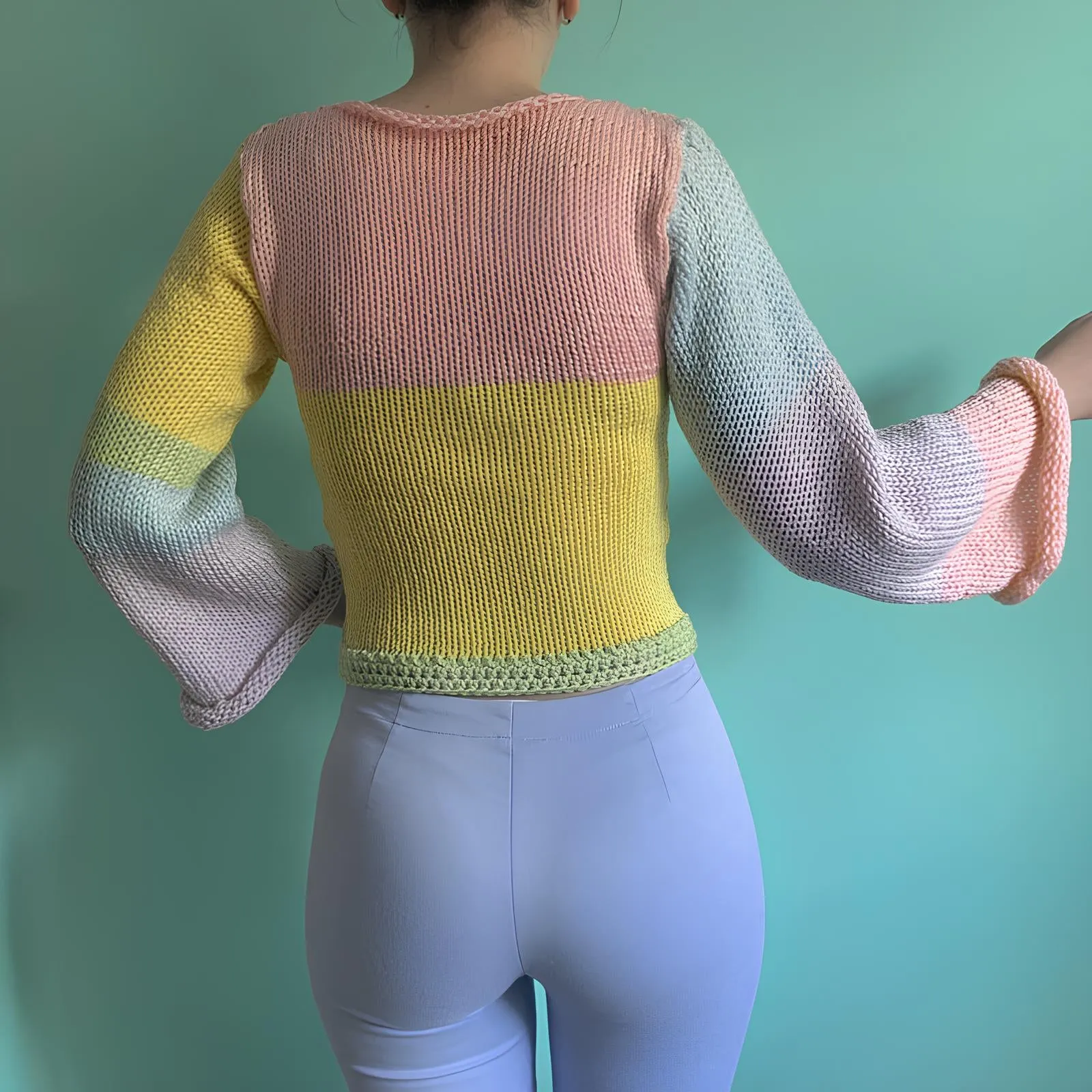 90s Streetwear Color Block Crochet Knit Crop Top  Bold & Trendy