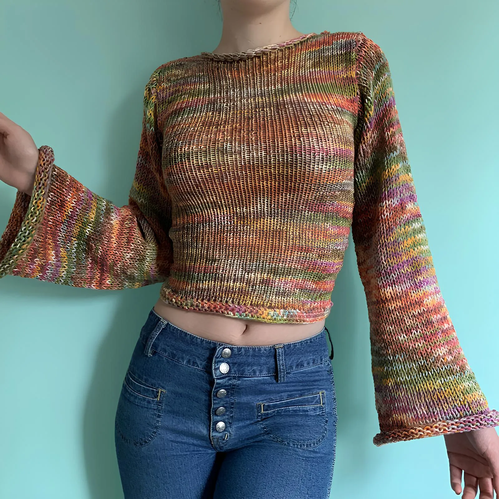 90s Streetwear Color Block Crochet Knit Crop Top  Bold & Trendy