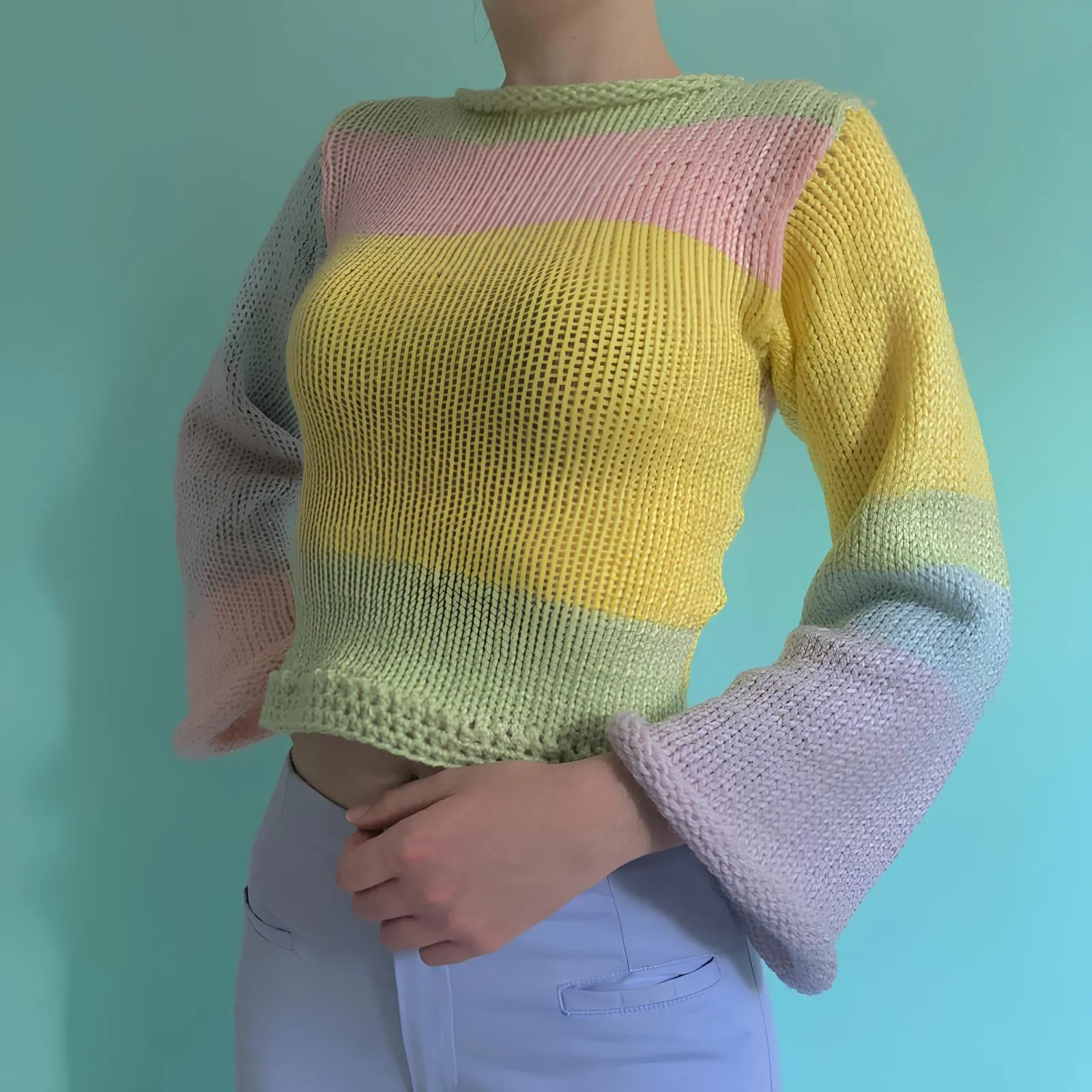 90s Streetwear Color Block Crochet Knit Crop Top  Bold & Trendy