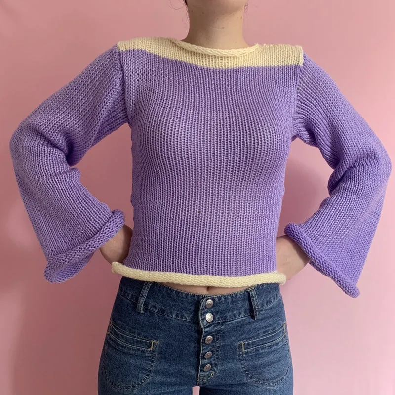 90s Streetwear Color Block Crochet Knit Crop Top  Bold & Trendy