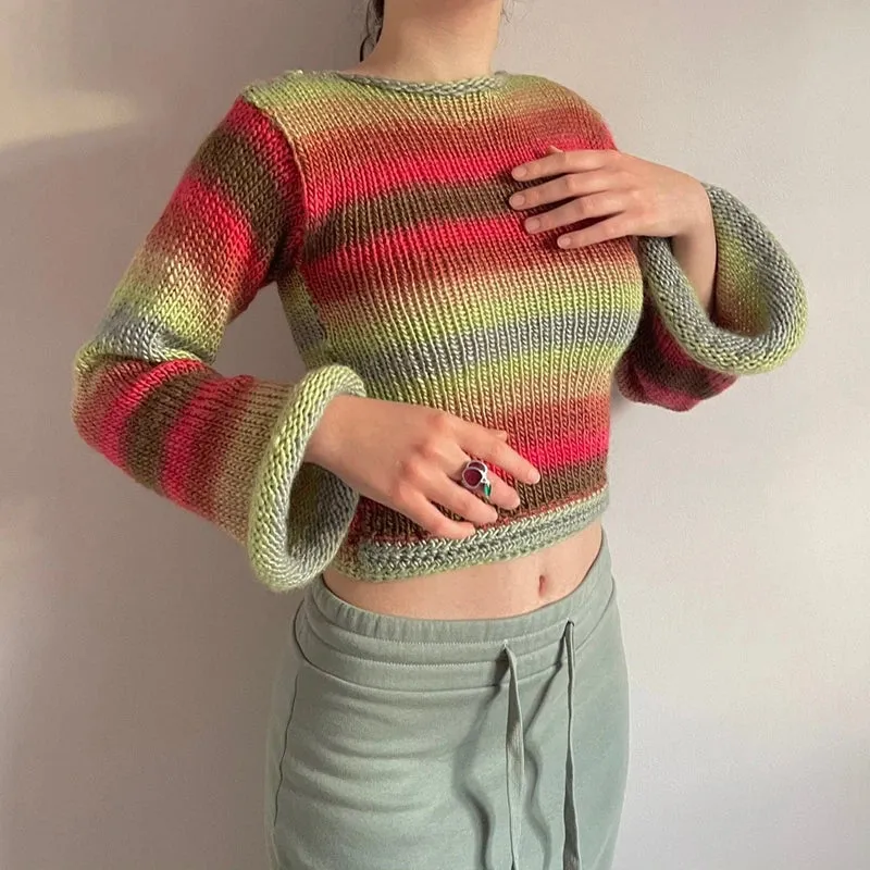 90s Streetwear Color Block Crochet Knit Crop Top  Bold & Trendy