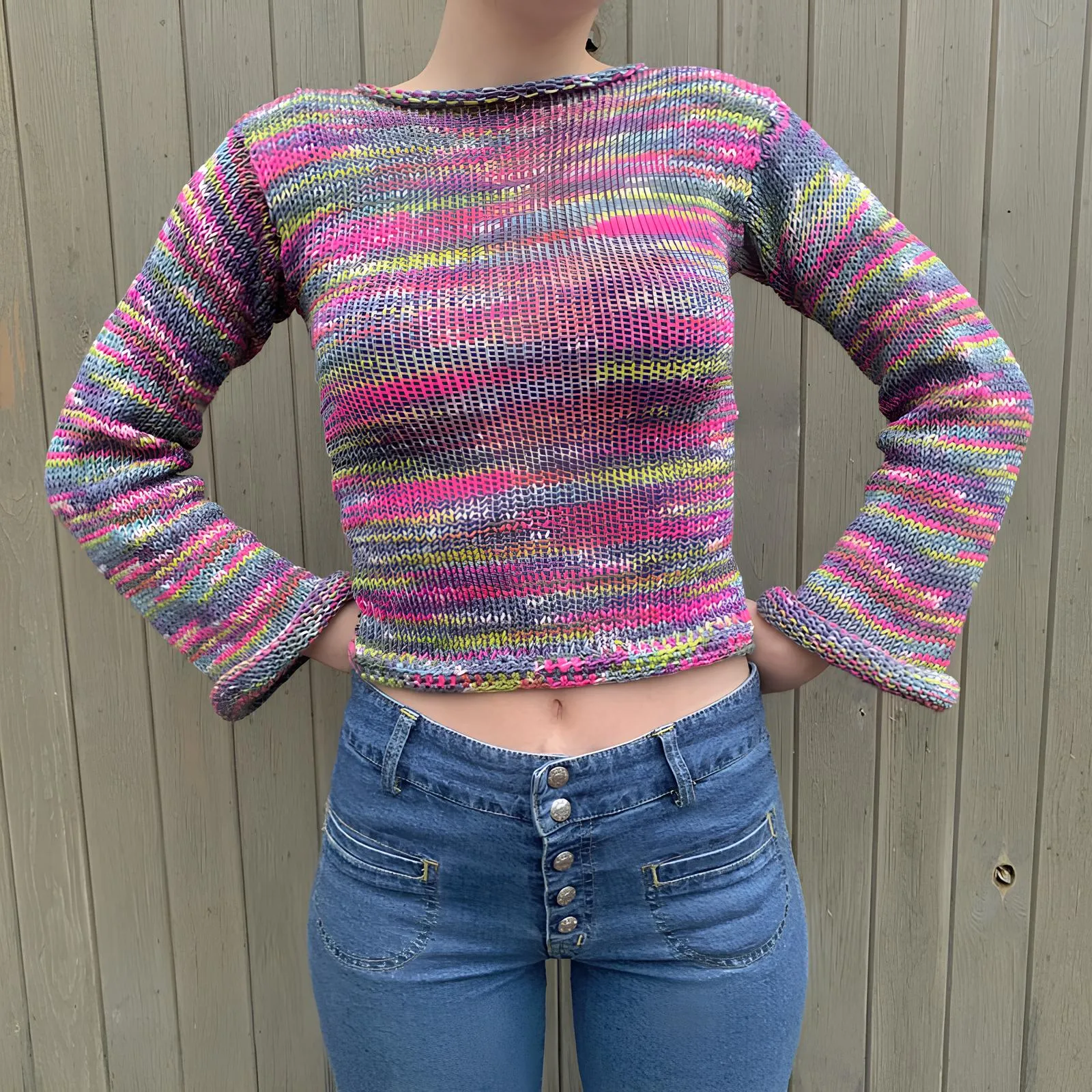 90s Streetwear Color Block Crochet Knit Crop Top  Bold & Trendy