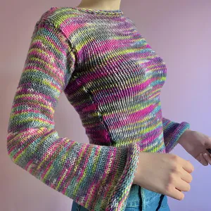 90s Streetwear Color Block Crochet Knit Crop Top  Bold & Trendy