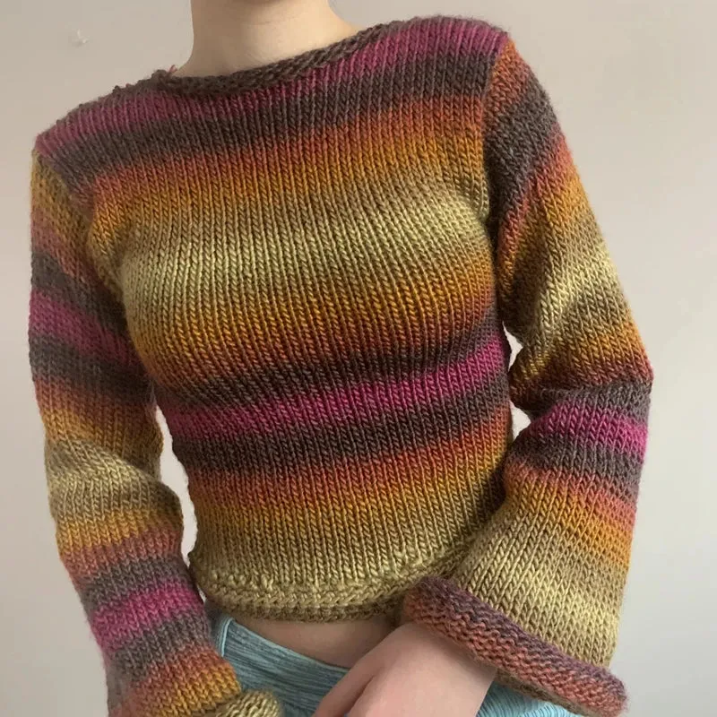 90s Streetwear Color Block Crochet Knit Crop Top  Bold & Trendy