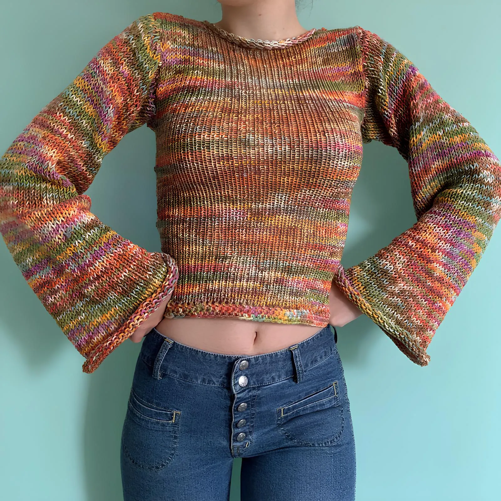 90s Streetwear Color Block Crochet Knit Crop Top  Bold & Trendy