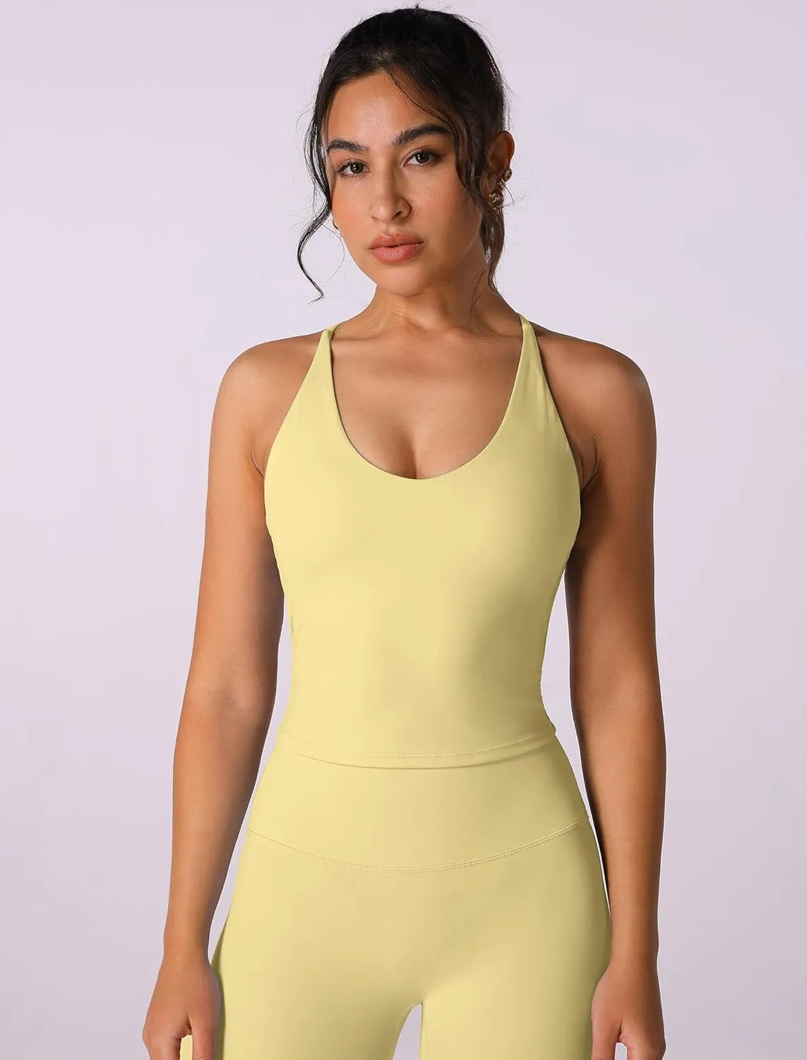 ABOCIW Womens Strappy Workout Tank Top with Built in Bra Backless V Neck Longline Sports Bras Yoga Gym Athletic Tops
