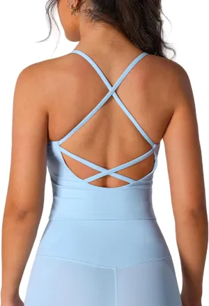 ABOCIW Womens Strappy Workout Tank Top with Built in Bra Backless V Neck Longline Sports Bras Yoga Gym Athletic Tops
