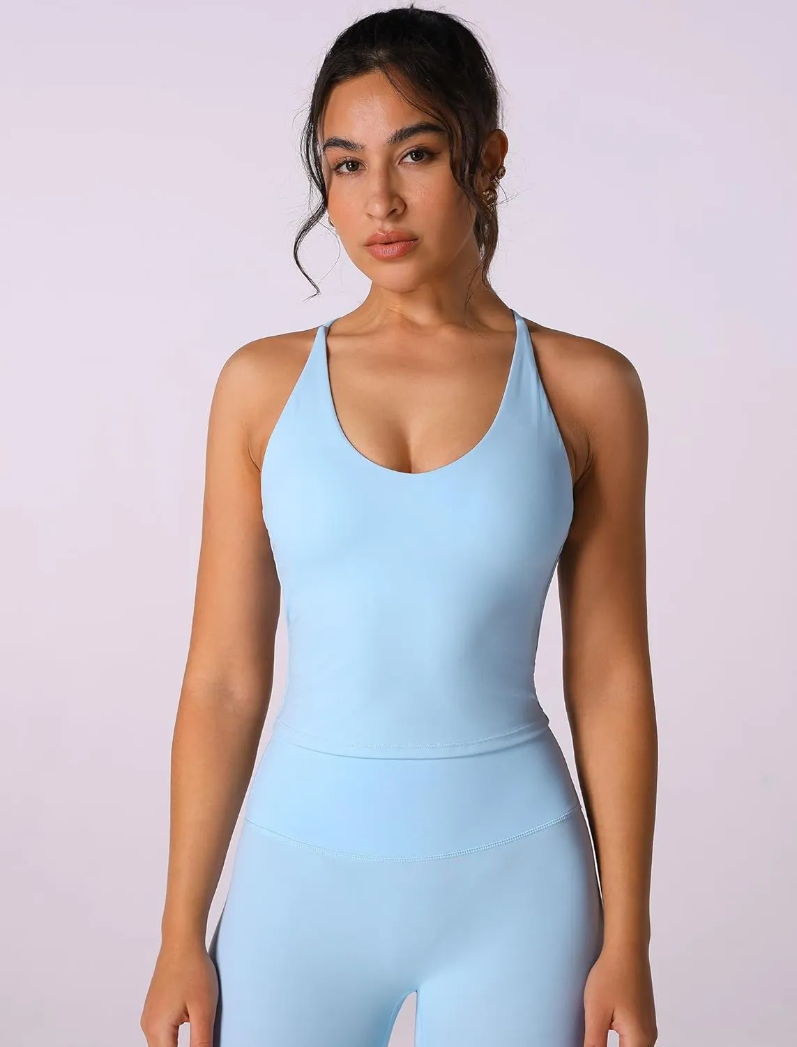 ABOCIW Womens Strappy Workout Tank Top with Built in Bra Backless V Neck Longline Sports Bras Yoga Gym Athletic Tops