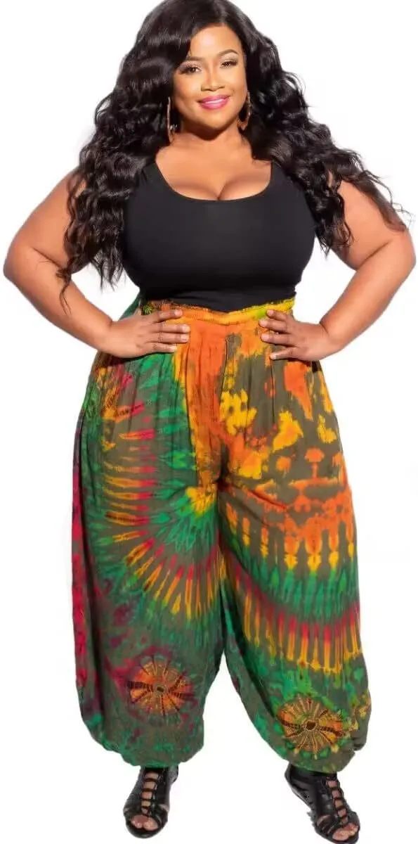 Acatmew Plus Size Harem Pants for Women African Print Casual Bohemian Loose Long Pants with Pocket