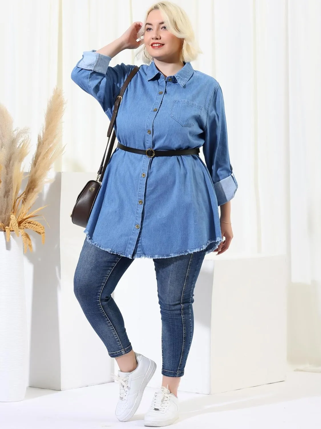 Agnes Orinda Plus Size Shirts for Women Chambray Top Button Down Denim Shirts Tops 2025
