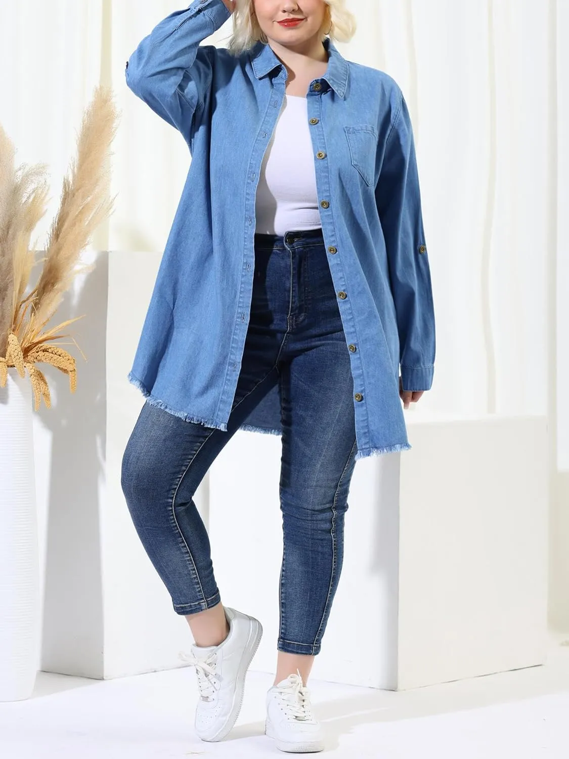 Agnes Orinda Plus Size Shirts for Women Chambray Top Button Down Denim Shirts Tops 2025