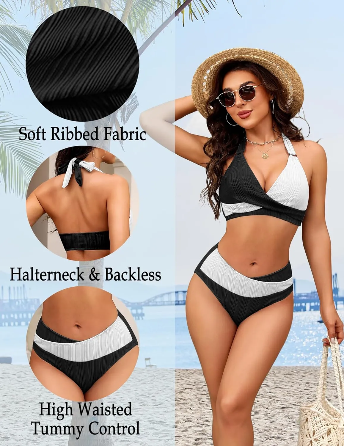 AI'MAGE Womens High Waisted Bikini Sets Tummy Control Two Piece Swimsuit 2025 Ribbed Color Block Halter Bathing Suits