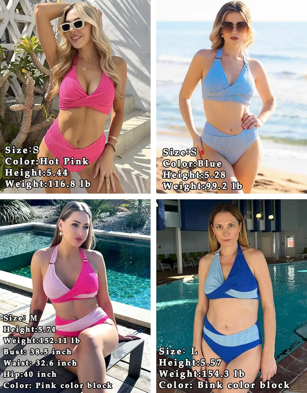 AI'MAGE Womens High Waisted Bikini Sets Tummy Control Two Piece Swimsuit 2025 Ribbed Color Block Halter Bathing Suits