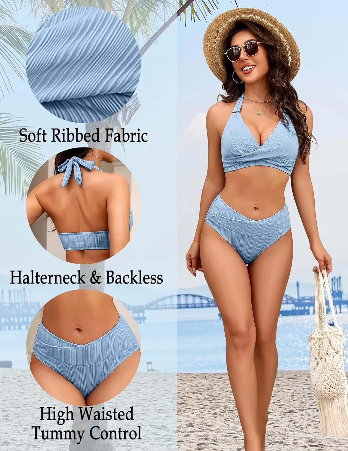 AI'MAGE Womens High Waisted Bikini Sets Tummy Control Two Piece Swimsuit 2025 Ribbed Color Block Halter Bathing Suits