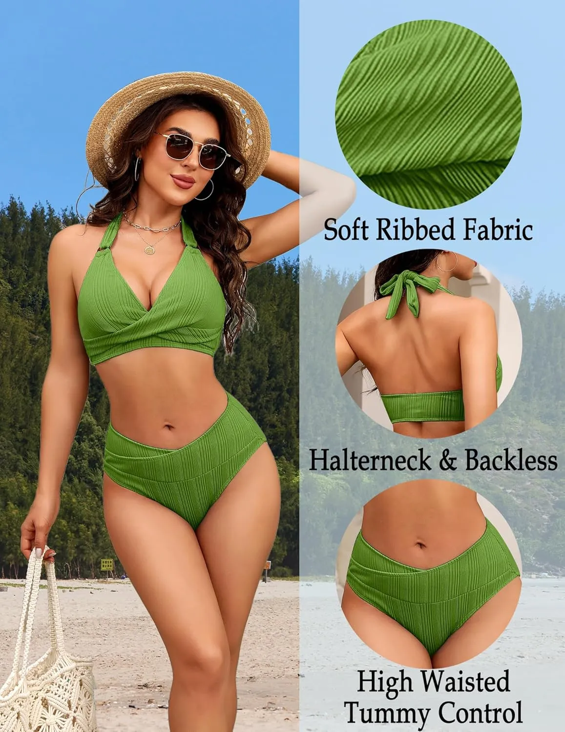 AI'MAGE Womens High Waisted Bikini Sets Tummy Control Two Piece Swimsuit 2025 Ribbed Color Block Halter Bathing Suits