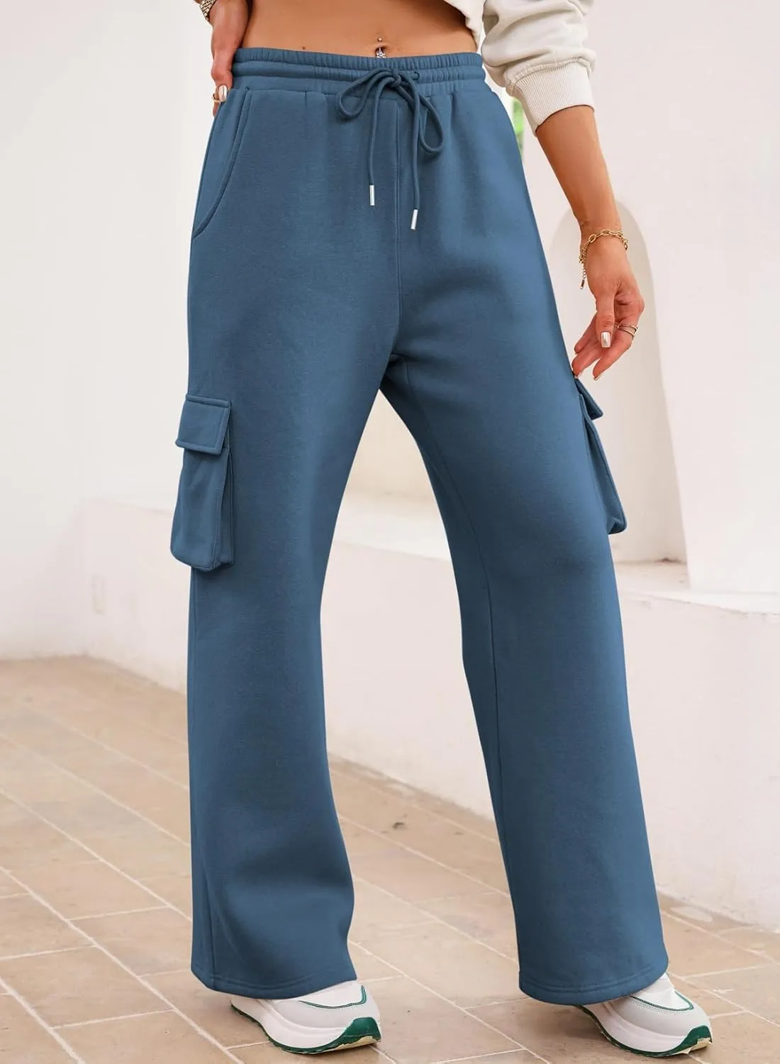 Aleumdr Women High Waisted Drawstring Wide Leg Cargo Pants 2025 Trendy Casual Baggy Joggers Pants with Pockets
