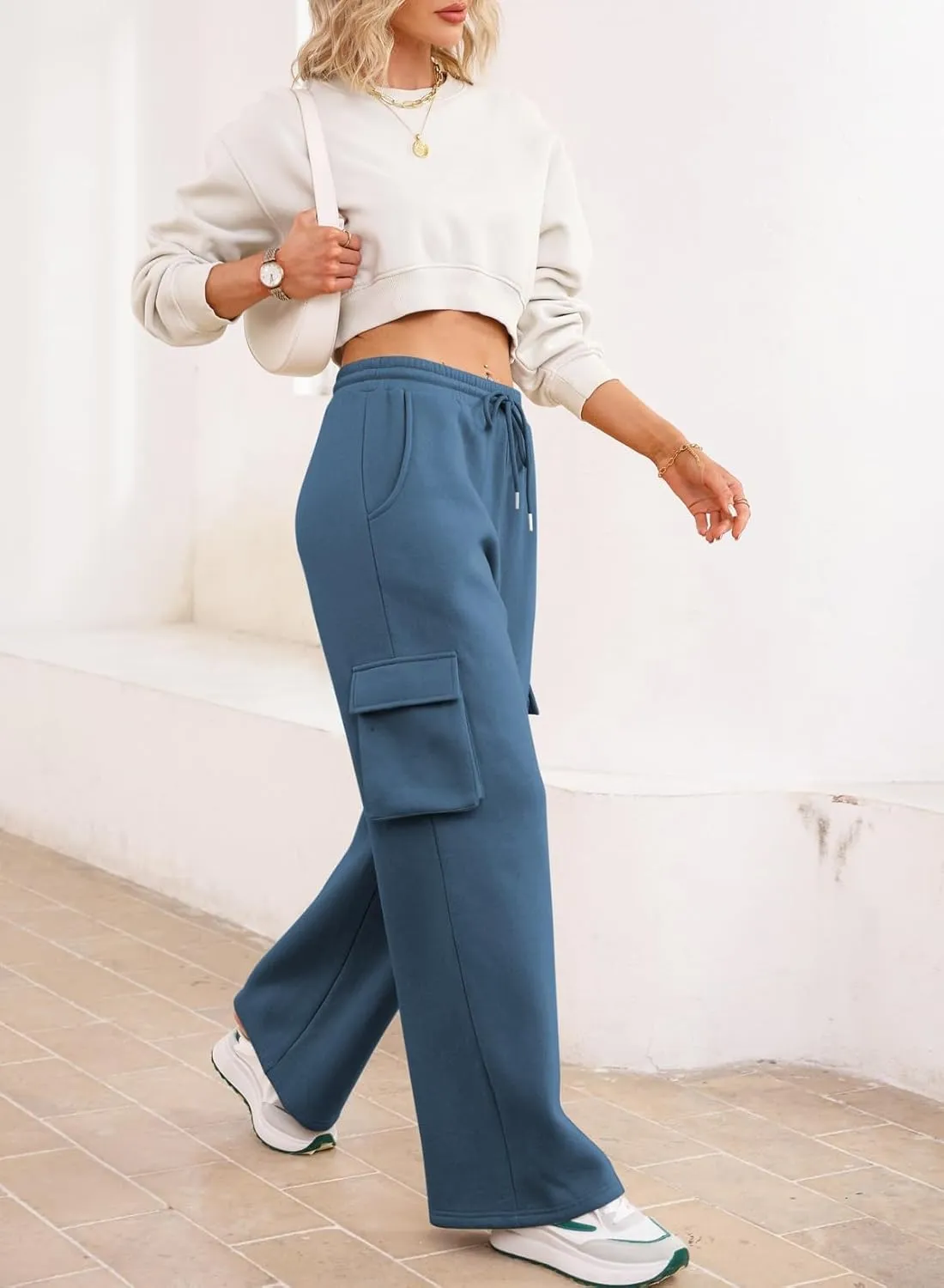 Aleumdr Women High Waisted Drawstring Wide Leg Cargo Pants 2025 Trendy Casual Baggy Joggers Pants with Pockets