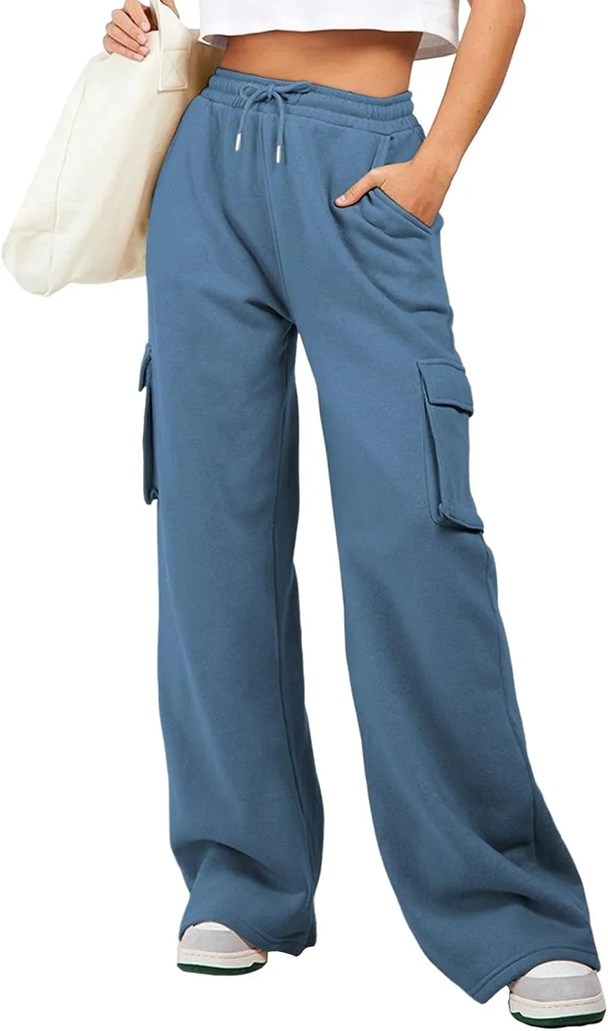 Aleumdr Women High Waisted Drawstring Wide Leg Cargo Pants 2025 Trendy Casual Baggy Joggers Pants with Pockets