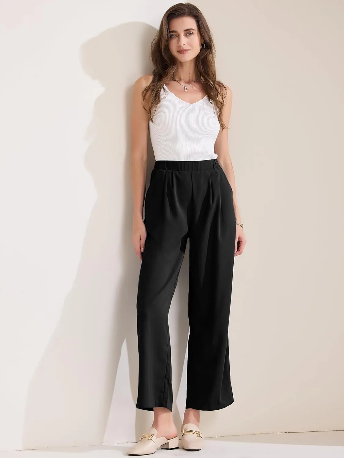 Allegra K Women's Straight Work Pant Elastic High Waist Business Casual Solid Ankle Pant Trouser