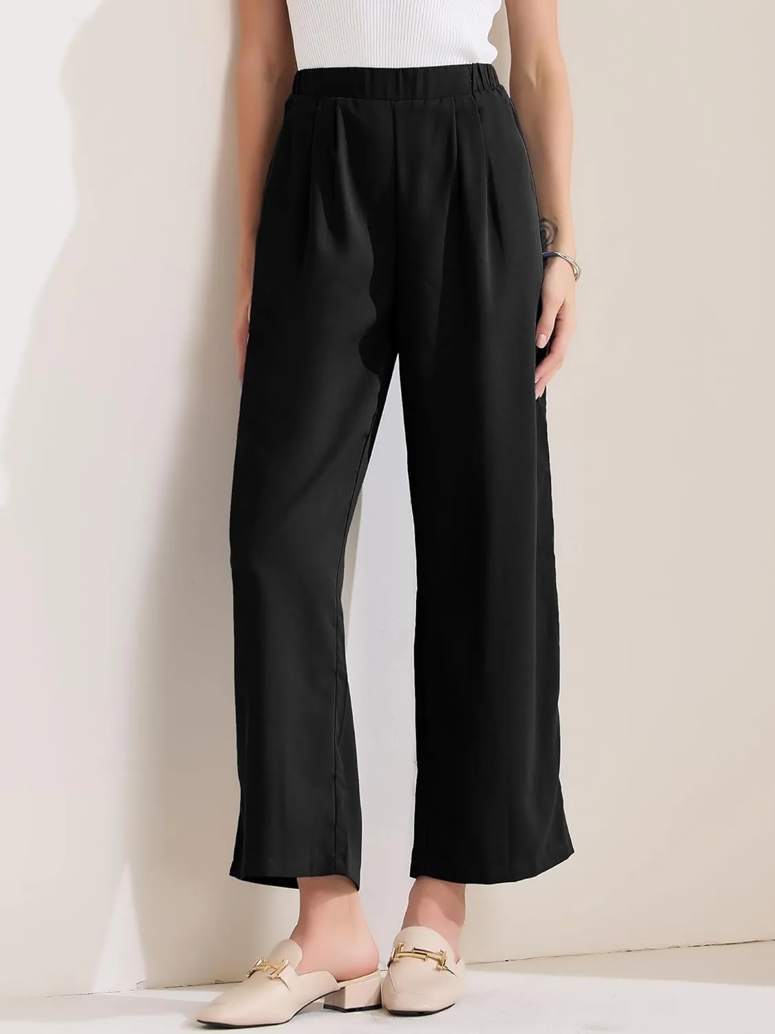 Allegra K Women's Straight Work Pant Elastic High Waist Business Casual Solid Ankle Pant Trouser