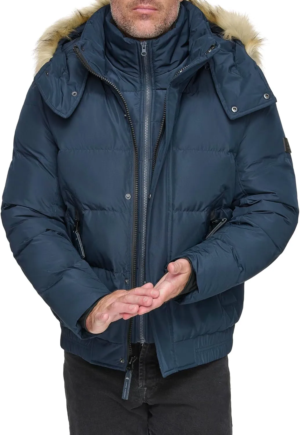 Andrew Marc Men's Short Quilted Inner Bib Attached Umbra Down Bomber with Hybrid Down Fill