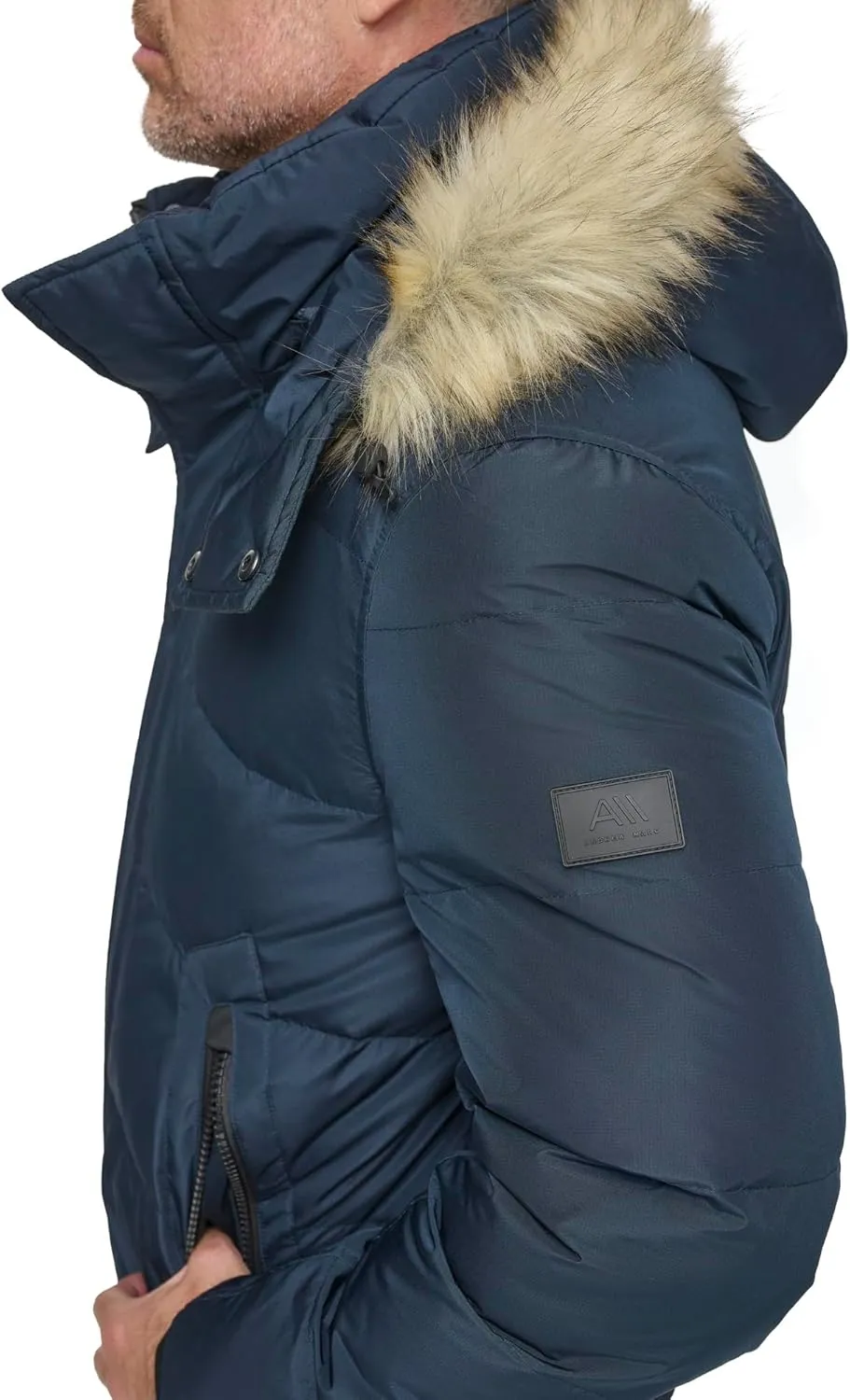 Andrew Marc Men's Short Quilted Inner Bib Attached Umbra Down Bomber with Hybrid Down Fill