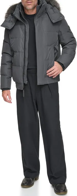 Andrew Marc Men's Short Quilted Inner Bib Attached Umbra Down Bomber with Hybrid Down Fill
