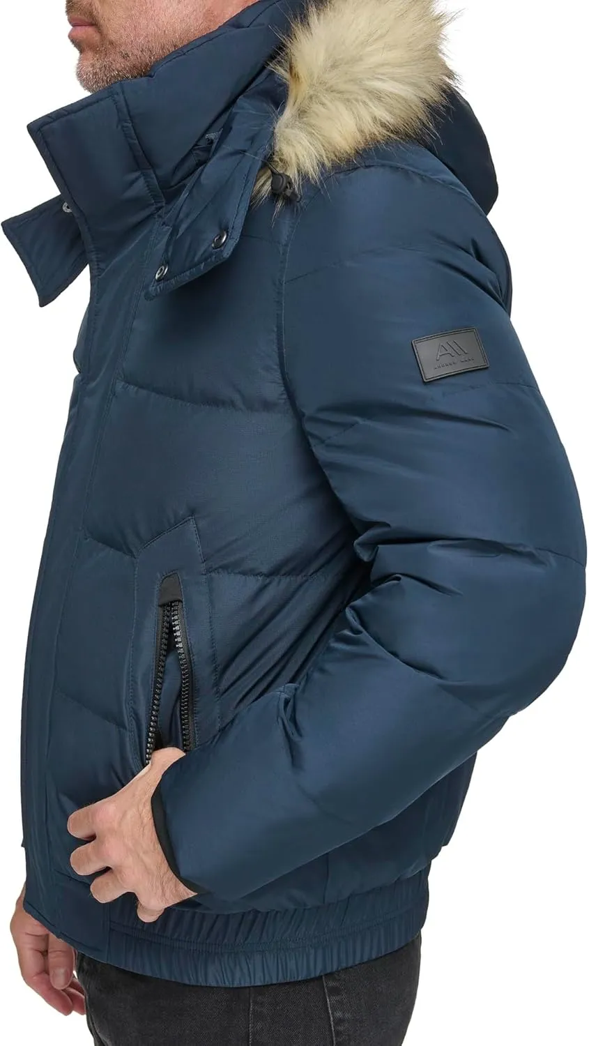 Andrew Marc Men's Short Quilted Inner Bib Attached Umbra Down Bomber with Hybrid Down Fill