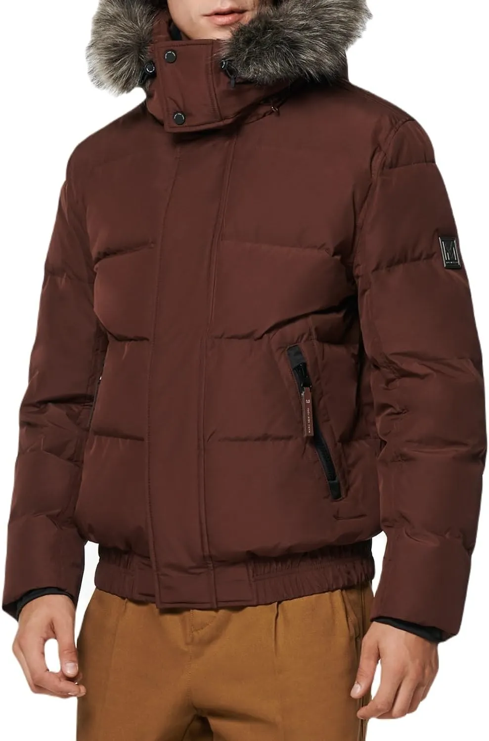 Andrew Marc Men's Short Quilted Inner Bib Attached Umbra Down Bomber with Hybrid Down Fill